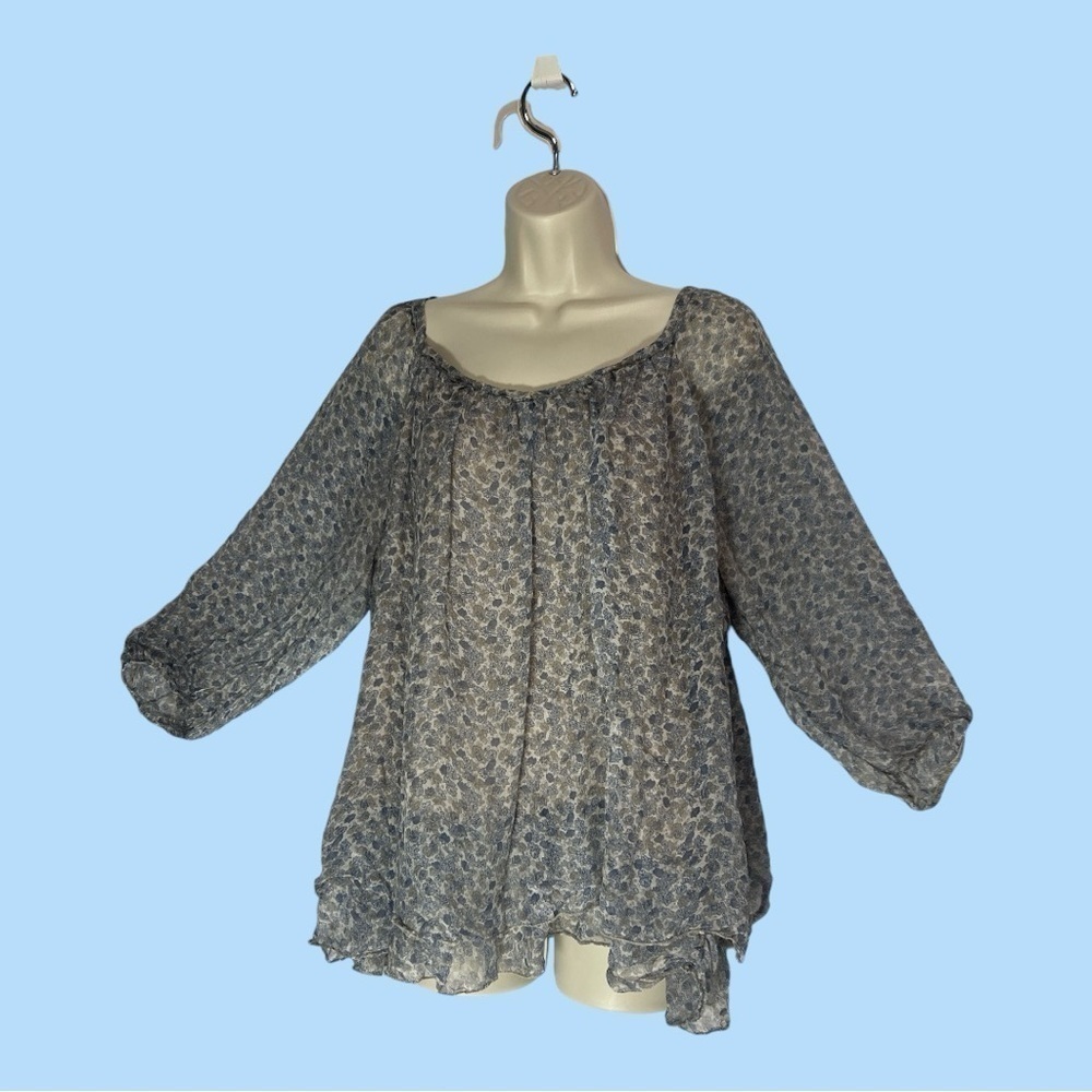 Piazza Roma Layered Peasant Blouse Slate Blie Taupe Flowers 3/4 Sleeve size M